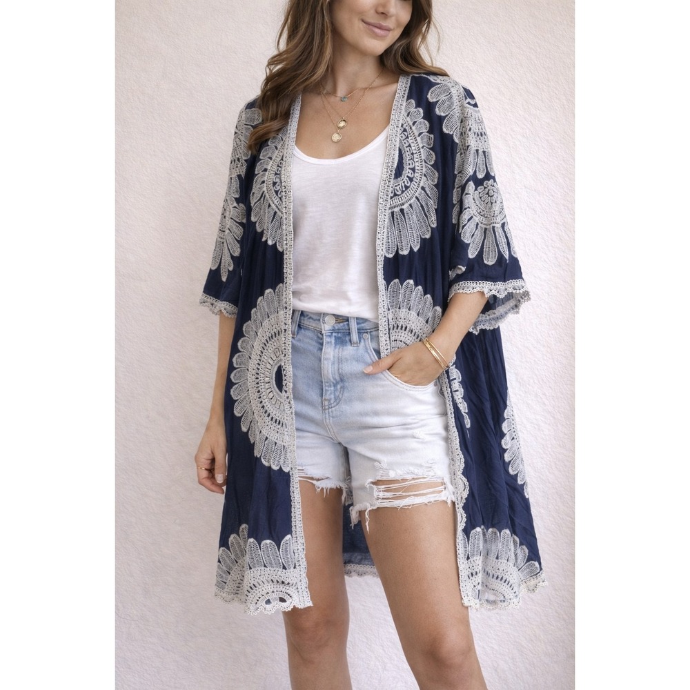 Cato Navy Embroidered Kimono Boho Lace Medallion Duster Layer M